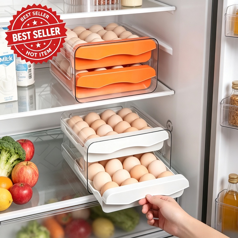 Egg Storage Holder - Çift Katlı Çekmeceli Buzdolabı Yumurta Tutucu,